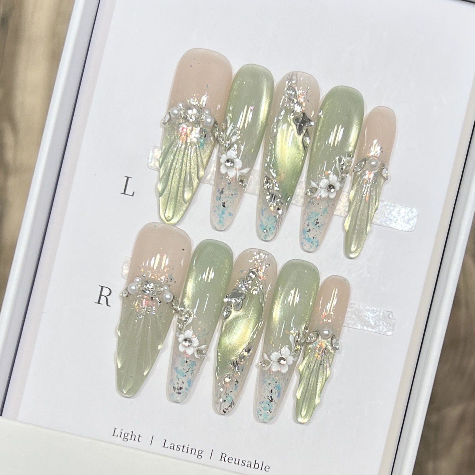 Resin Art Flower - 10개 롱 아몬드 모양 가짜 손톱