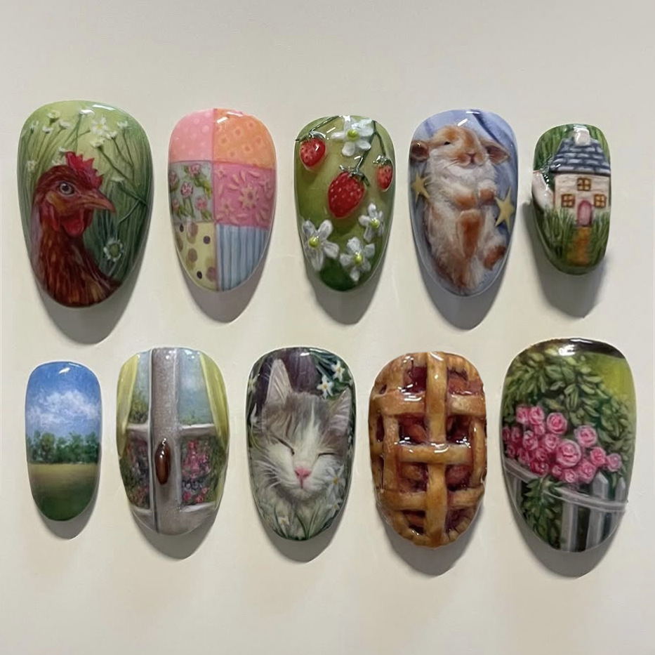 Resin Art Flower - 24개입 파스텔 스타일 아몬드 프레스온 네일