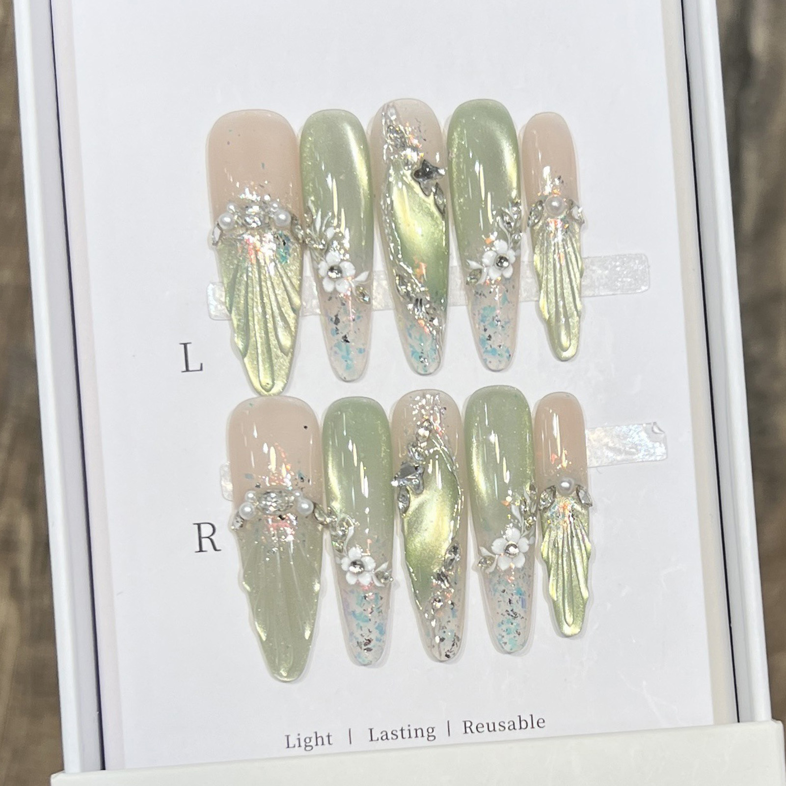 10개 롱 아몬드 모양 가짜 손톱 팁, 그린 캣츠아이  - Resin Art Flower 리뷰 및 가격